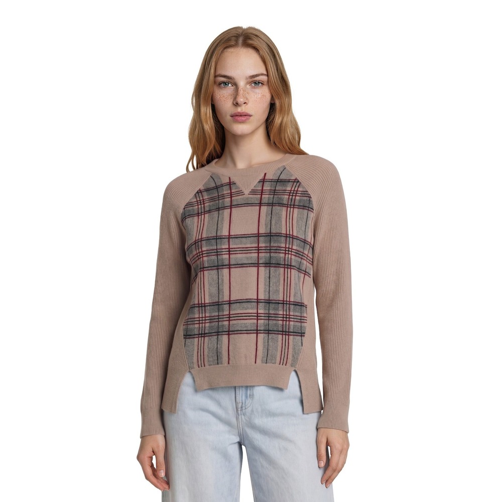 Autumn Cashmere 100% Cashmere Sweater Women's Size Medium Tan Plaid Ribbed